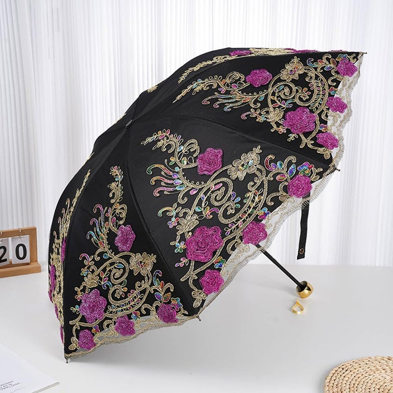 Aikelai Vintage Lace Umbrella, UPF50+ Sun Umbrella, 3D Flower Chinese Embroidery Compact Folding Umbrella for Walking, Wedding, Tea Party,Photo Shooting - Image 3